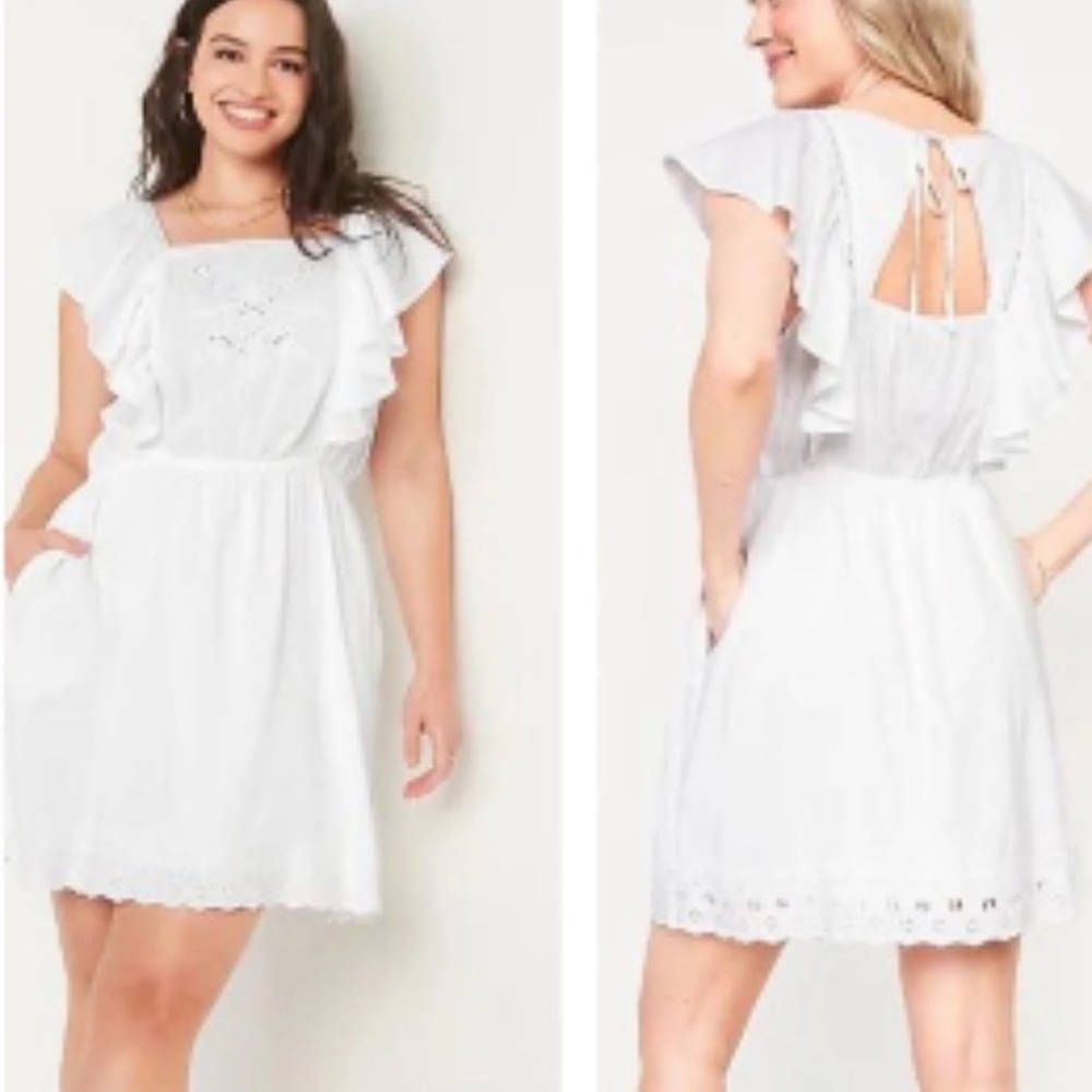 Old Navy Dress Flutter Sleeve Tie Back Mini White Dress  Pockets XXL 2XL
